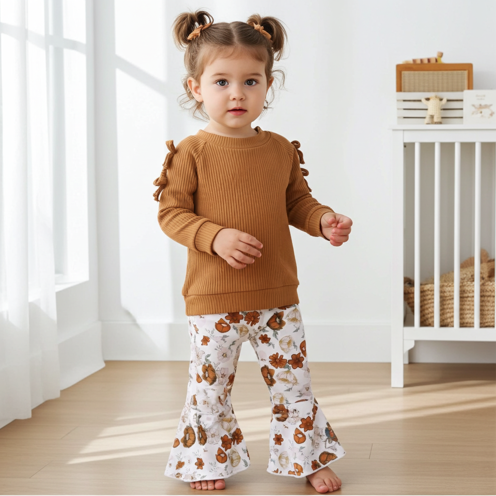 2pcs Long Sleeve Top and Floral Pant Set