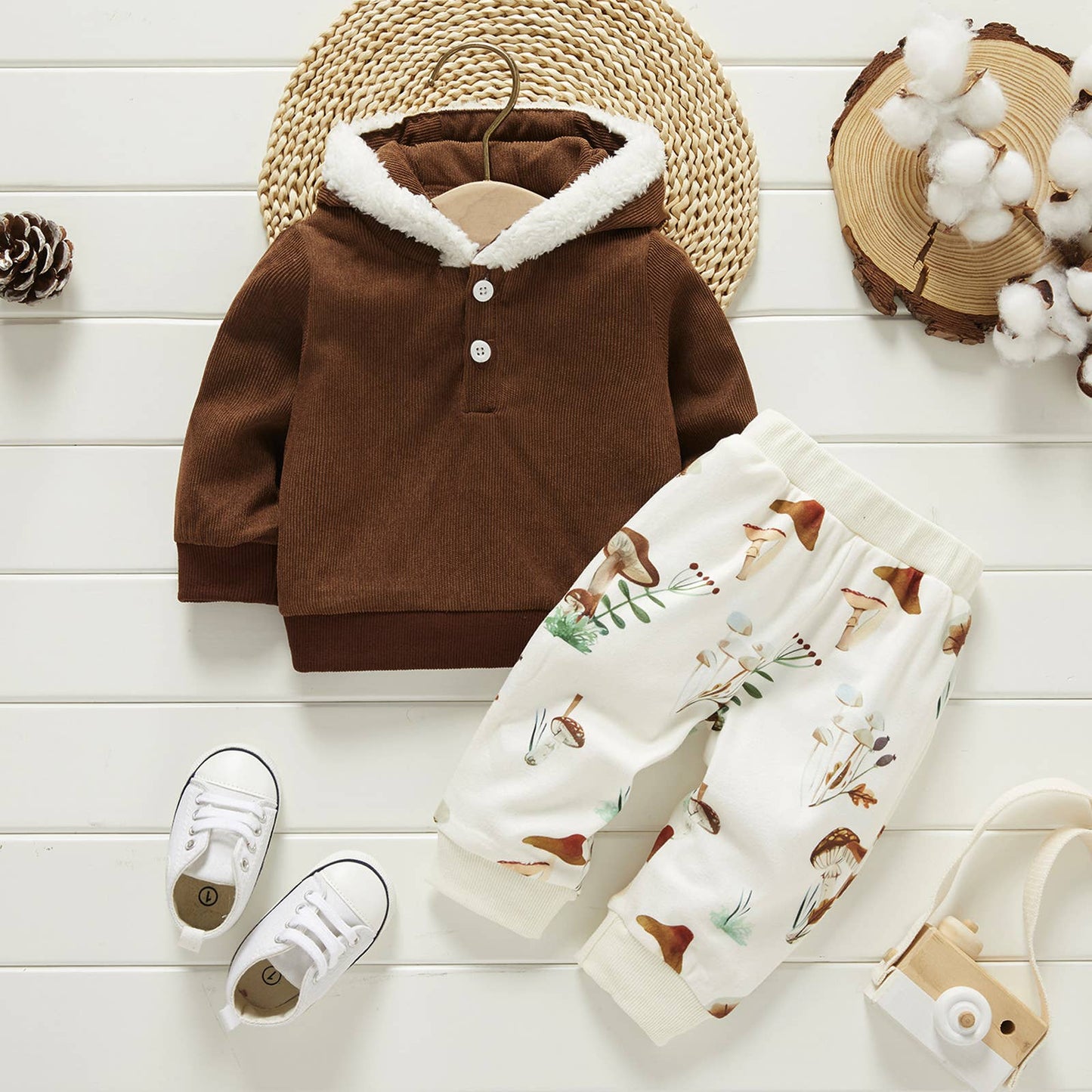 Brown Corduroy Fuzzy Trim Hoodie and Pant Set