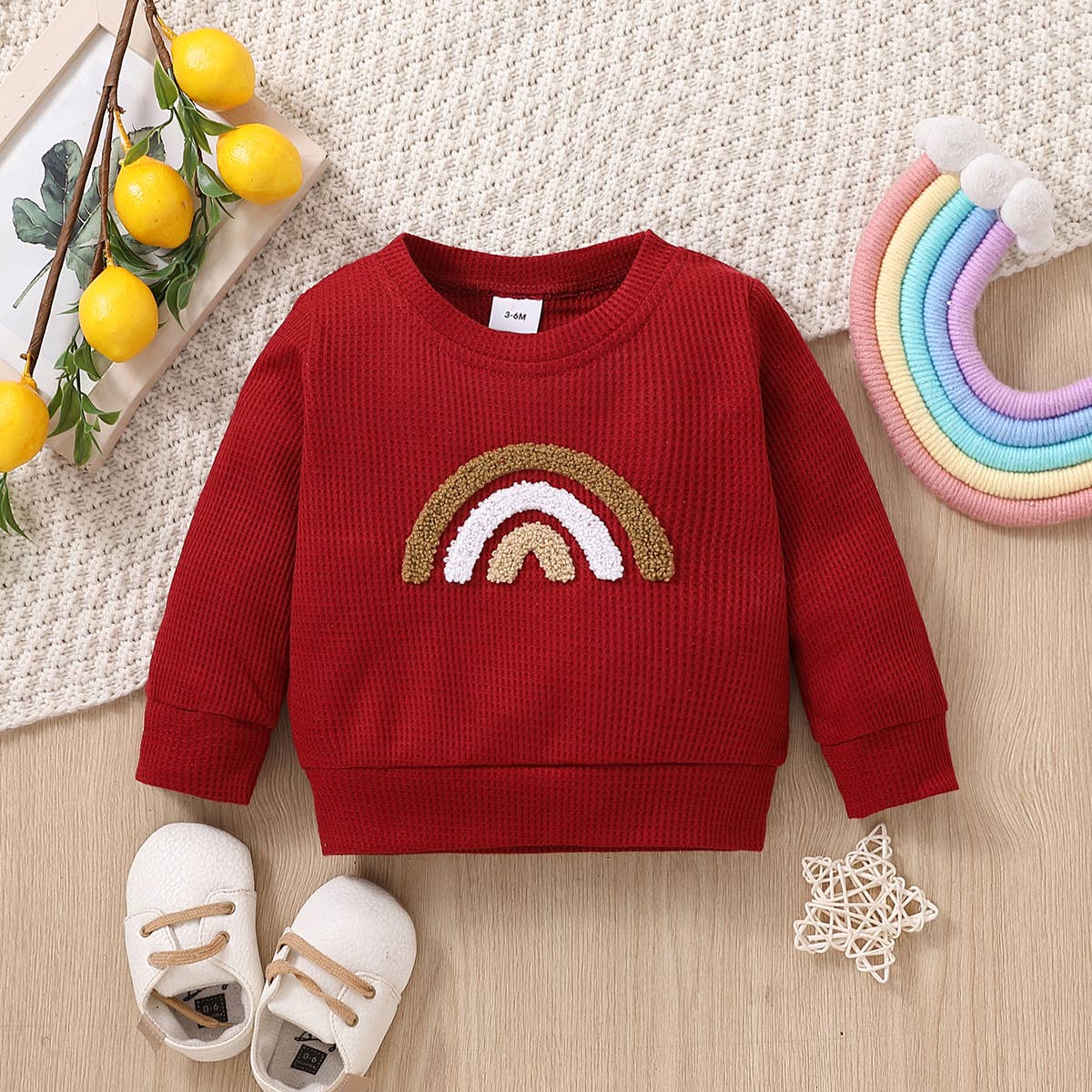 Baby Girl Rainbow Pattern Waffle Long-Sleeve Sweatshirt