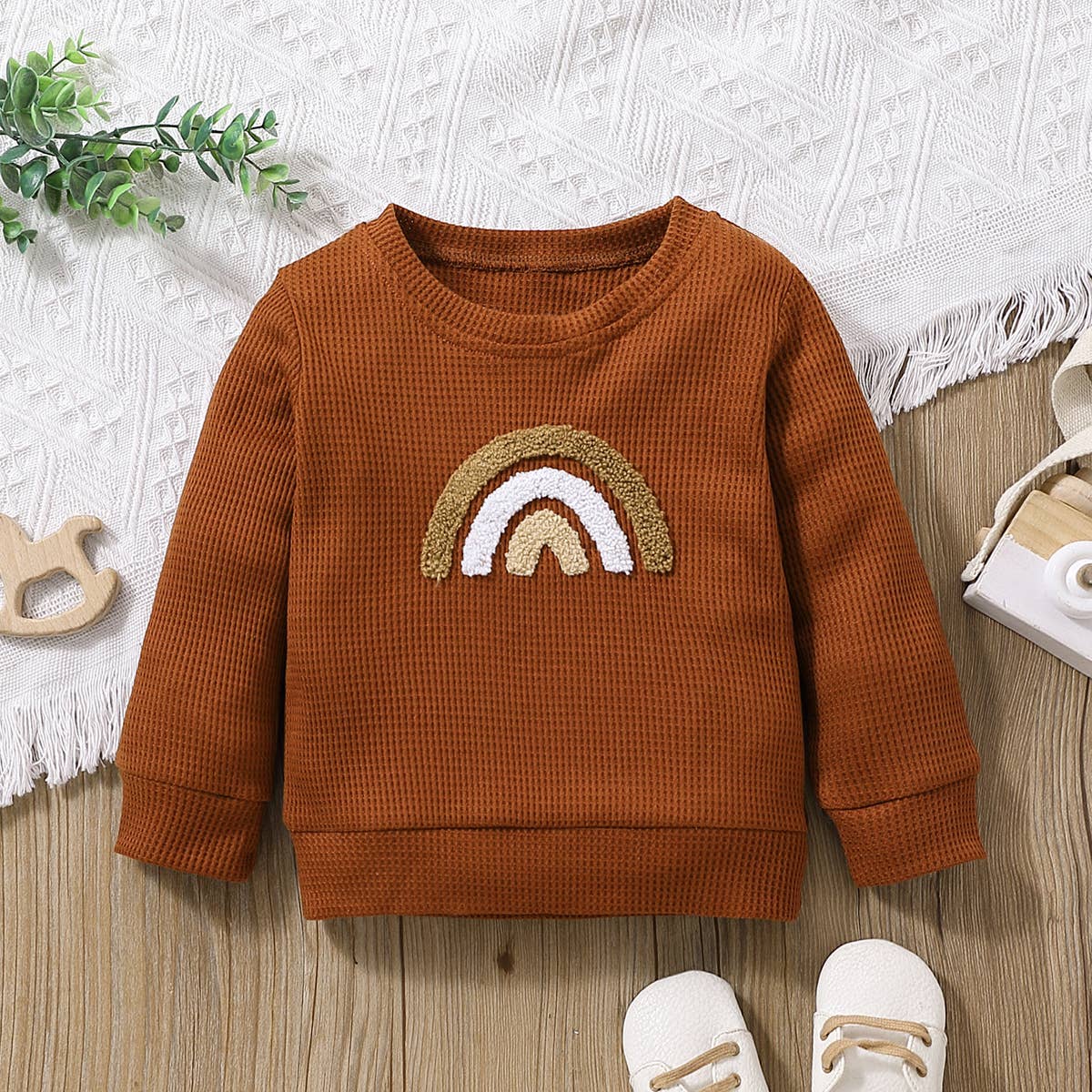 Baby Girl Rainbow Pattern Waffle Long-Sleeve Sweatshirt