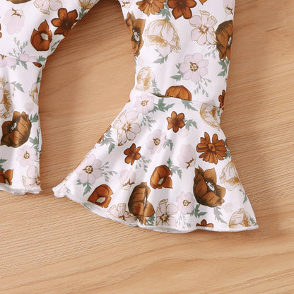 2pcs Long Sleeve Top and Floral Pant Set