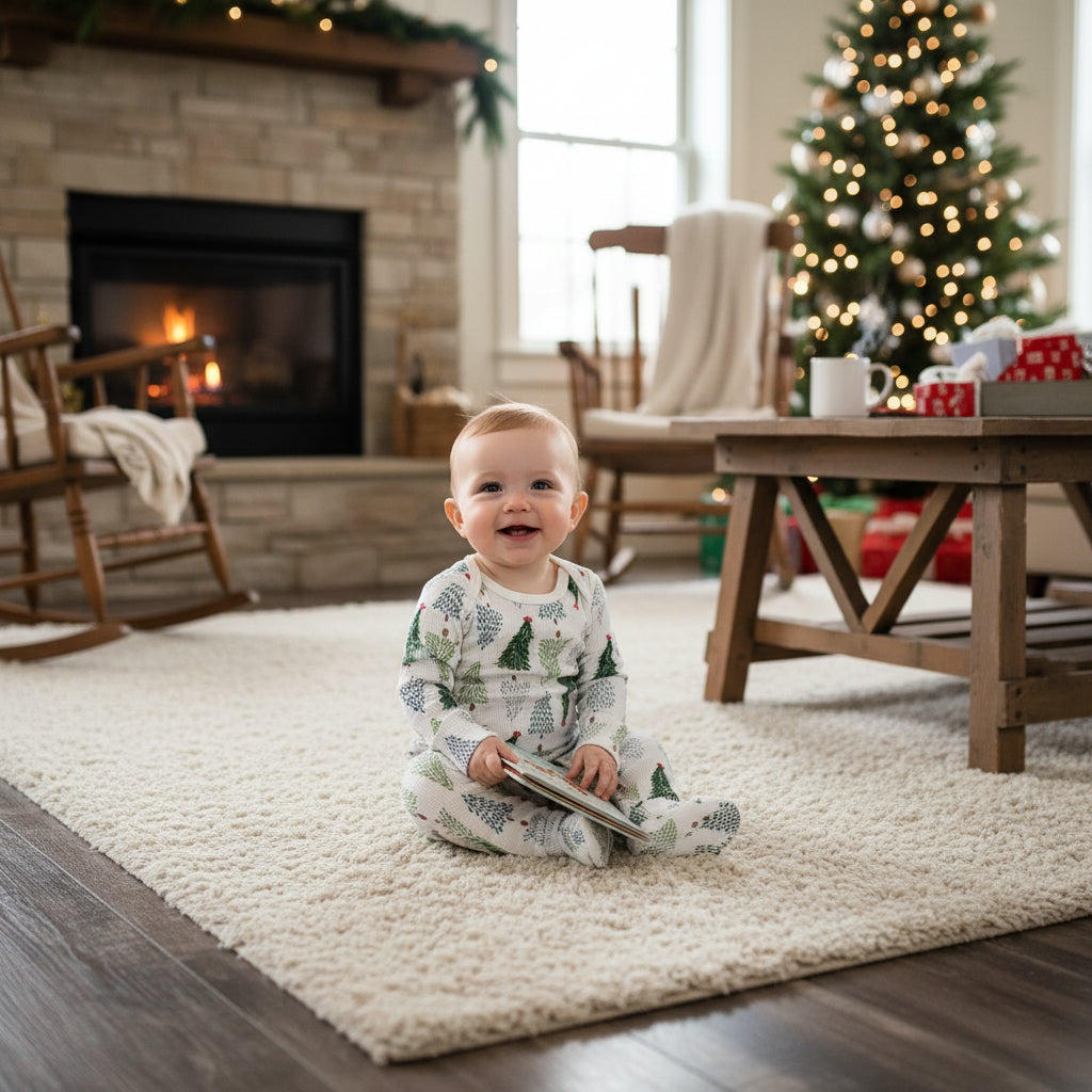 A baby two-piece outfit consisting of a long-sleeve bodysuit and matching pants, featuring an all-over Christmas tree print on a white background, laid flat on a dark wood floor.