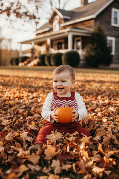 A baby knit one-piece romper laid flat on a gray wood plank floor. The romper has a white long-sleeve shirt underneath and a rust-red knitted body with a white Fair Isle snowflake pattern across the chest.