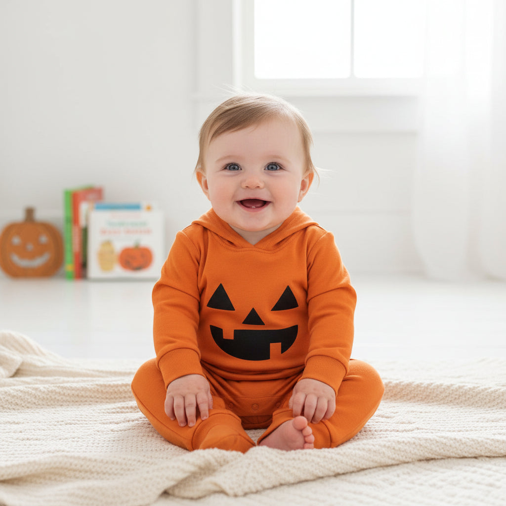 An orange long-sleeve baby bodysuit or pajama set laid flat on a dark wood floor, featuring a black pumpkin face graphic on the chest and a matching hood with a gray zipper.
