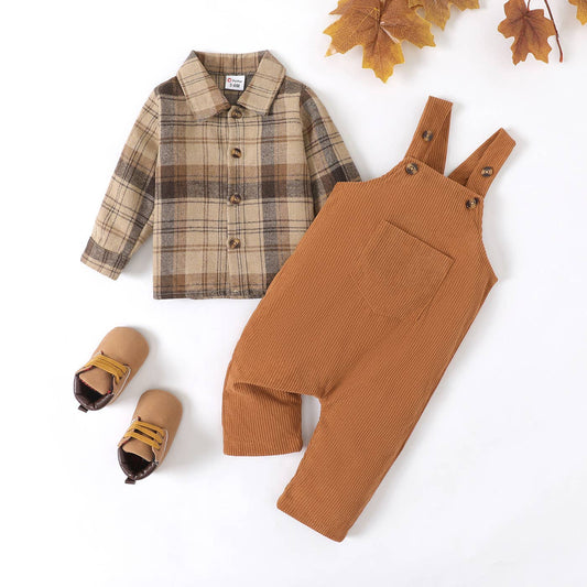 2pcs Baby Boy Plaid Shirt & Pocket Ribbed Overalls Set