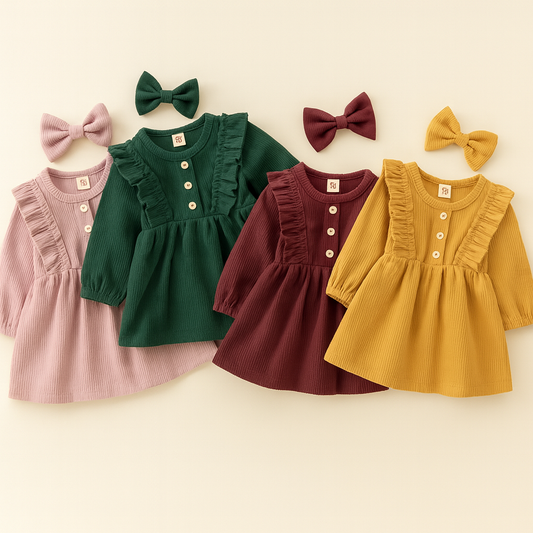 Buttons Ruffle Corduroy Girl Dress & Bow Hair Clip