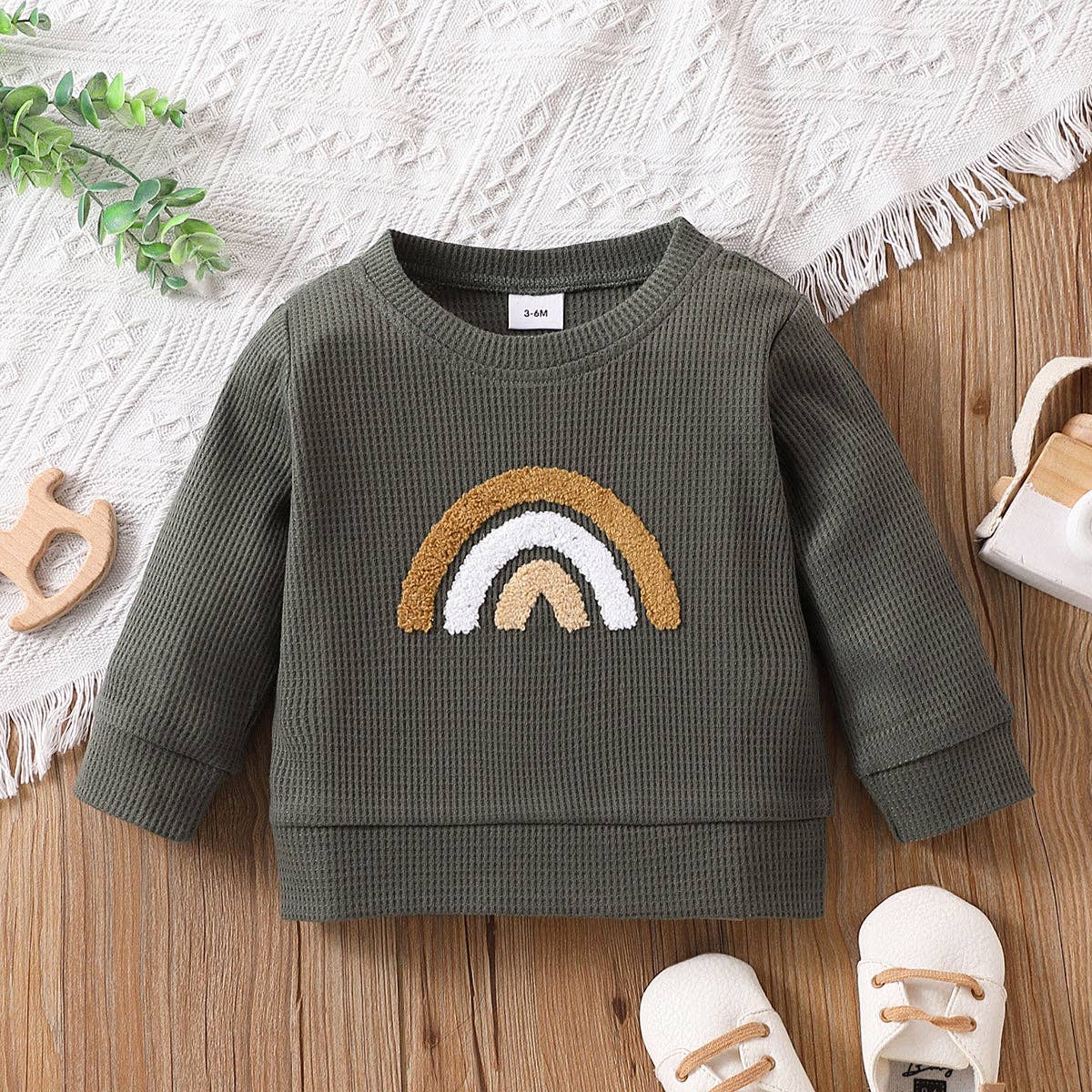 Baby Girl Rainbow Pattern Waffle Long-Sleeve Sweatshirt
