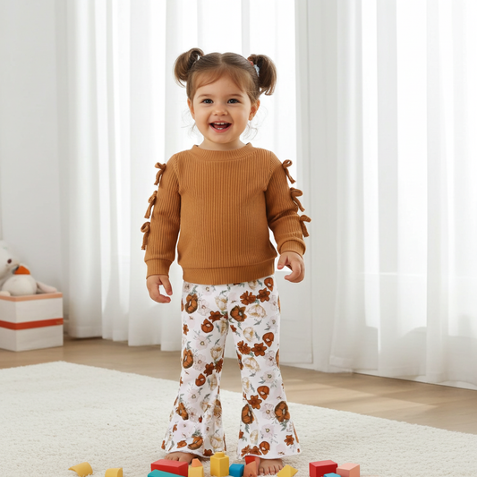 2pcs Baby Solid  Long sleeve Top and Floral Pants Set